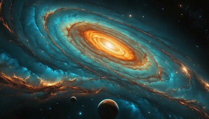 Wall Mural - Surreal dreamy galaxy with vibrant amber and cyan currents rippling in deep space