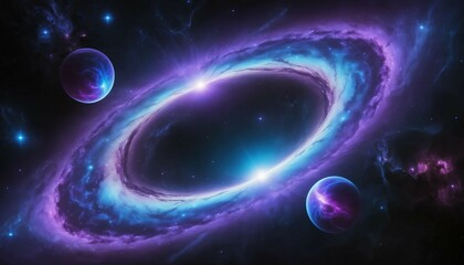 Wall Mural - Surreal galaxy with bold neon purple arcs and translucent blue orbs floating softly
