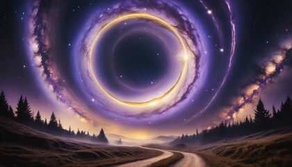 Wall Mural - Surreal galaxy with radiant golden rings and misty purple trails across the stars