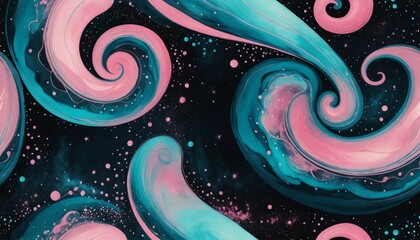 Wall Mural - Whimsical galaxy with surreal pink and aqua swirls over a velvety midnight backdrop