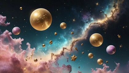 Wall Mural - Whimsical surreal galaxy featuring floating translucent shapes and golden cosmic dust