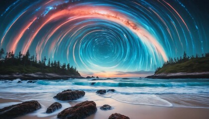 Wall Mural - Whimsical surreal galaxy featuring radiant cyan waves and misty coral star trails