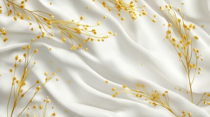 Wall Mural - Elegant white fabric with golden floral patterns creating a soft, textured appearance.