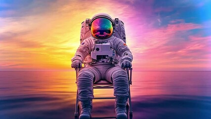 Poster - Astronaut sitting in a chair on water during a vibrant sunset with colorful skies