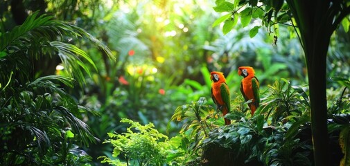 Vibrant Macaws in Lush Tropical Paradise: A Serene Jungle Escape