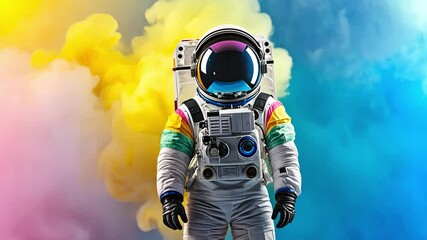 Poster - Colorful astronaut stands in a vibrant, smoky background with a cosmic feel
