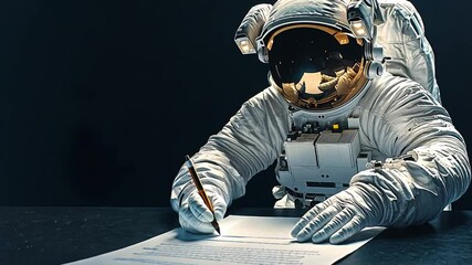 Poster - Astronaut writing in a dark environment with a focus on the intricate spacesuit details