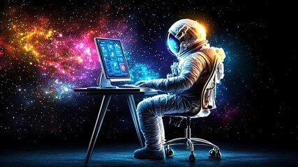Poster - Astronaut working on computer in space surrounded by colorful galaxies and starry background