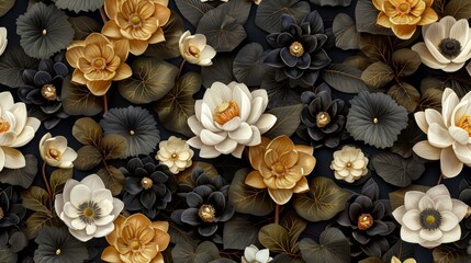 Poster - An intricate display of flowers with golden and dark hues arranged tastefully on a black backdrop. Different varieties, including lotuses and petals, create a visually striking composition.