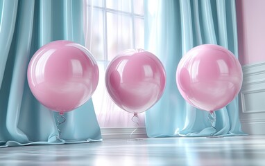 Sticker - Three pink balloons float softly on a table, casting shadows by the window, perfect for Valentine's Day romance.