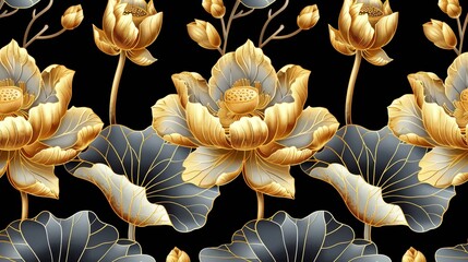 Poster - The design showcases intricate gold lotus flowers and leaves against a striking black background. The detailed artwork highlights the beauty of nature in a sophisticated manner.