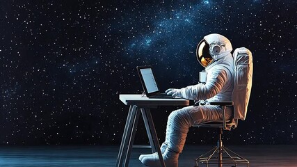 Poster - Astronaut working on a laptop in deep space with stars and galaxies in the background