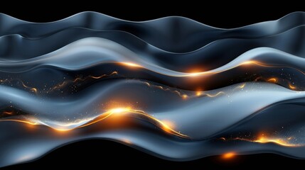 Fototapete - Fluid shapes in dark tones undulate smoothly, illuminated by glowing golden elements that evoke a sense of movement and energy. The interplay of light and shadow enhances the visual depth.