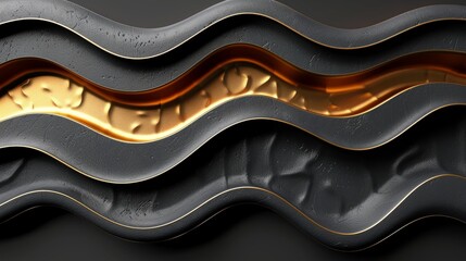 Fototapete - This artwork showcases a captivating wave design with smooth, curved surfaces in black and gold. The interplay of textures creates visual depth and intrigue, drawing the viewer's attention.