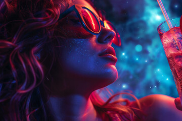 Poster - Astronaut in neon space landscape generative AI picture