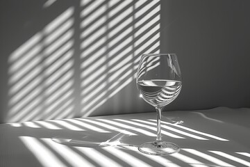 Poster - Light streams through window blinds, creating striped shadows on a table. A glass filled with clear water stands in the foreground, reflecting the intricate patterns of light and shadow.
