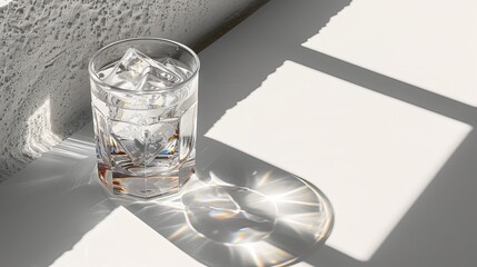 Poster - A clear glass filled with ice cubes sits on a sunlit surface. The light creates sparkling reflections, enhancing the refreshing look of the water and adding a serene atmosphere to the room.