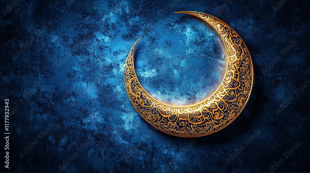 Golden crescent moon with Arabic calligraphy on textured blue night sky ...