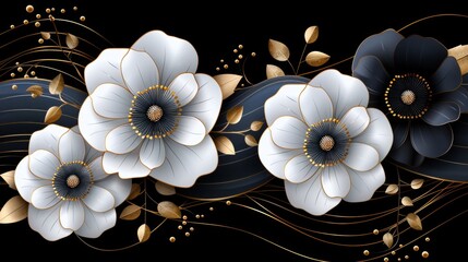 Poster - Softly colored white and black flowers are beautifully arranged against a dark background, highlighted with delicate golden accents and flowing lines, creating a sophisticated and serene atmosphere.