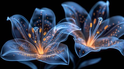 Poster - Two vibrant flowers glow with soft light, revealing intricate details of petals and stamen. The contrast with the dark background enhances their enchanting features and colors.