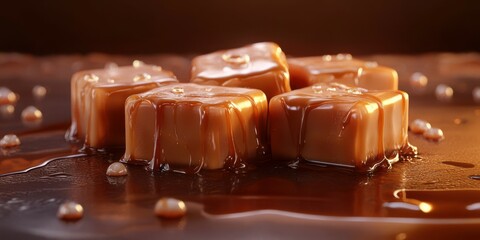 Wall Mural - Delicious caramel cubes glisten under warm light on a smooth surface