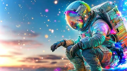 Poster - Astronaut resting and gazing at colorful cosmic scenery during sunset