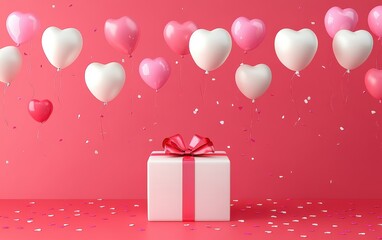 Wall Mural - Colorful balloons and a beautifully wrapped gift box create a festive Valentineâs Day vibe on a soft pink backdrop.