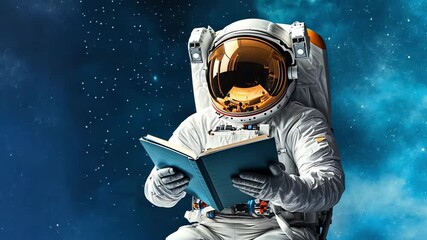 Poster - Astronaut reading book in outer space with vivid cosmic background and bright stars