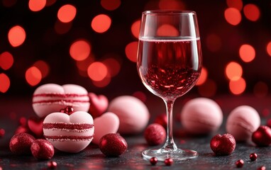 A romantic setting with a glass of wine beside delicate red and white macarons, perfect for Valentine's Day.