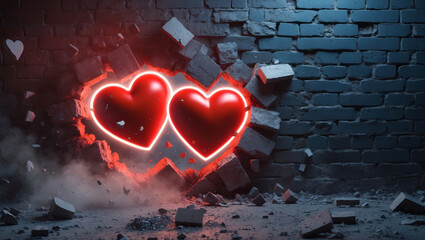 Striking red hearts breaking through a wall symbolize love's power and passion this Valentine’s Day