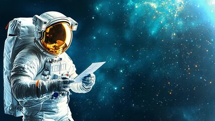 Poster - Astronaut exploring space while reviewing data on a floating sheet in vibrant cosmos