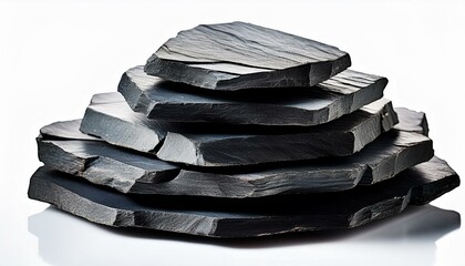 Wall Mural - Stack of dark gray slate stones on white background