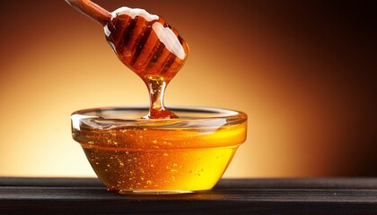 Golden honey pouring into a glass bowl.