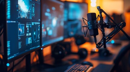 Poster - A modern workspace featuring dual monitors, a microphone, and gaming peripherals for streaming.