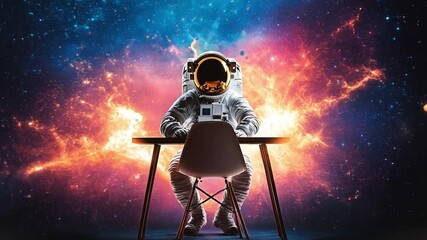 Poster - Astronaut contemplating the universe at a desk in cosmic space backdrop