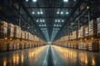 © furyon - a large modern warehouse shipping center bustling with activity illuminated with countless lights representing the dynamic world of logistics and transportation