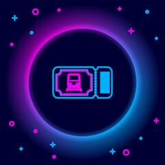 Poster - glowing neon line train ticket icon isolated on black background. travel by railway. colorful outlin