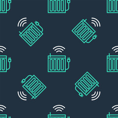 Poster - Line Smart heating radiator system icon isolated seamless pattern on black background. Internet of things concept with wireless connection. Vector