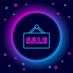 Fototapete - Glowing neon line Hanging sign with text Sale icon isolated on black background. Signboard with text Sale. Colorful outline concept. Vector