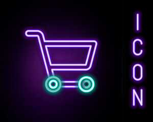 Fototapete - Glowing neon line Shopping cart icon isolated on black background. Online buying concept. Delivery service sign. Supermarket basket symbol. Colorful outline concept. Vector