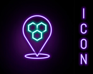 Poster - glowing neon line honeycomb bee location map pin pointer icon isolated on black background. farm ani