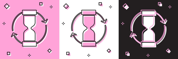 Poster - Set Old hourglass with flowing sand icon isolated on pink and white, black background. Sand clock sign. Business and time management concept. Vector