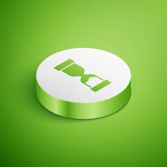 Poster - Isometric Old hourglass with flowing sand icon isolated on green background. Sand clock sign. Business and time management concept. White circle button. Vector