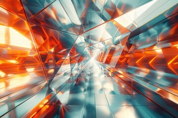 Fototapete - A three-dimensional maze of reflective surfaces creates a captivating display of glowing light and sharp contrasts
