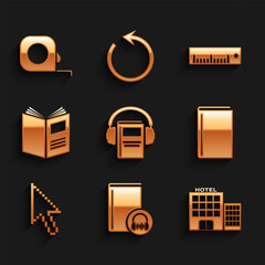 Poster - set audio book, hotel building, book, pixel arrow cursor, open, ruler and roulette construction icon