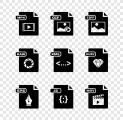 Poster - set mp4 file document, gif, tiff, eps, js, mov, raw and xml icon. vector