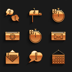 Poster - set stopwatch, speech bubble exclamation, calendar, mail and e-mail, envelope, setting, and question