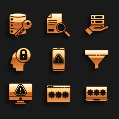 Poster - Set Mobile with exclamation mark, Password protection, Laptop password, Sales funnel, Monitor, Human head lock, Server, Data, Web Hosting and security key icon. Vector
