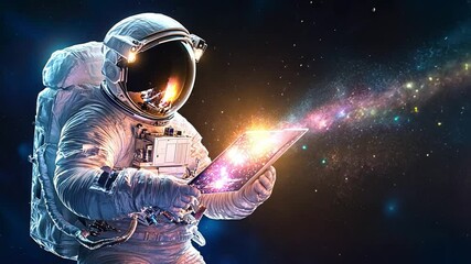 Poster - Astronaut exploring cosmic wonders while interacting with a glowing tablet in space