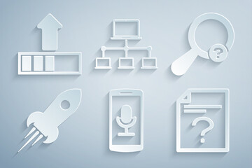 Poster - Set Mobile recording, Unknown search, Rocket ship with fire, document, Computer network and Loading icon. Vector
